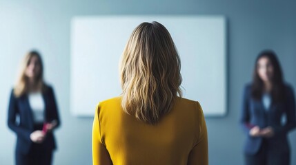 Fototapeta premium A woman stands before two colleagues, engaged in a professional discussion in a modern office environment.