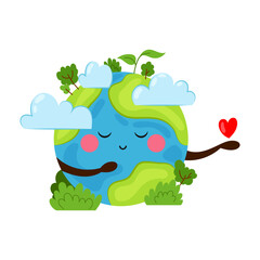 Cute planet earth character with a heart. Save the planet. Children concept illustration on protecting nature. Kids illustration in flat style.