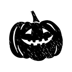 Black textured smiling pumpkin illustration. Spooky grinning jack o lantern. Halloween carved pumpkin squash. Autumn decorative icon, vector object. Isolated hand drawn clipart.
