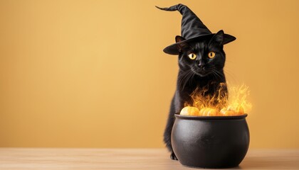 Black cat in a witchs hat sitting in front of a cauldron filled with glowing potions, witch cat, mystical Halloween pet
