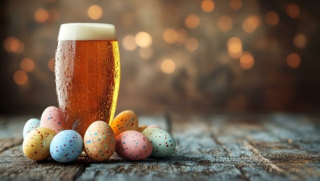 a glass of beer and eggs. 