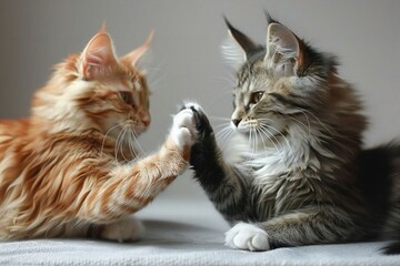 fun and playful photo of two cats giving each other a high five on a clean white background.