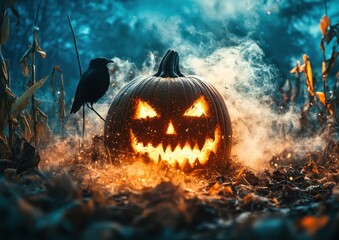 Naklejka premium Halloween pumpkins glowing in a spooky cornfield at night