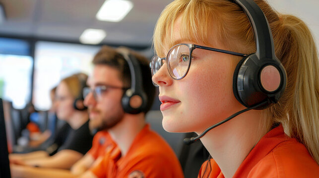 Focused operator working at a call center, wearing headphones and providing excellent customer service.