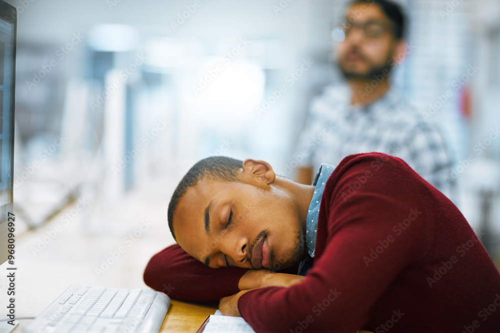 Poster Man, university student and sleeping on table at library with burnout or tired with research for assignment deadline. Male person, college learner and exhausted with studying for exams or assessment