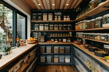 beautifully organized pantry filled with eco-friendly storage containers and reusable products, creating an efficient and sustainable kitchen space.