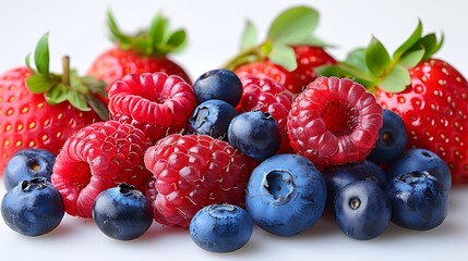 A vibrant assortment of fresh berries including strawberries, blueberries, and raspberries on...