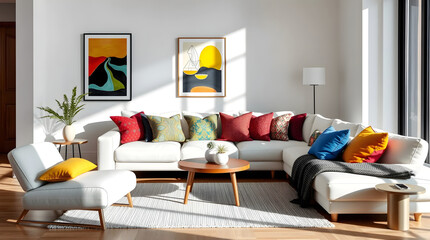 Luxurious modern living room Bright and stylish with multicolored furniture inspired by mid century Scandinavian design trends