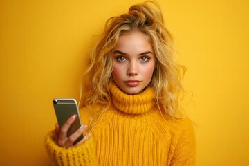 Fototapeta premium vibrant portrait of a young woman holding a phone against a bright yellow background, capturing the essence of modern technology and social media influence.