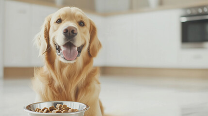 Happy Golden Retriever Dog Sitting Near Silver Bowl with Meat Food on Floor: Domestic Pet Nutrition, Healthy Diet at Home with Ample Copy Space. photo