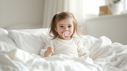 Naklejka premium Portrait of Beautiful Little Girl: Female Newborn Infant with Pink Pacifier, Sitting in Bed, with Copy Space, Happy Smiling Daughter for Greeting Invitation Card. photo