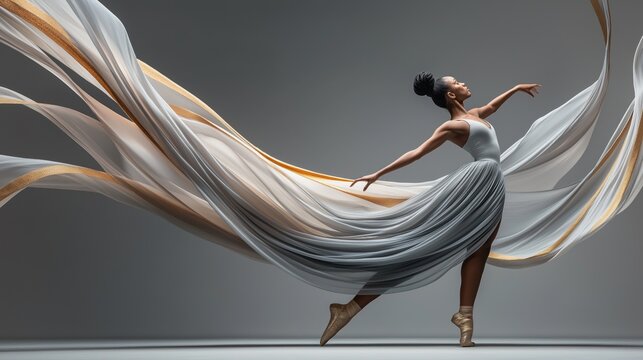 graceful dancer in motion with flowing fabric on grey background. abstract art of elegance and movement.