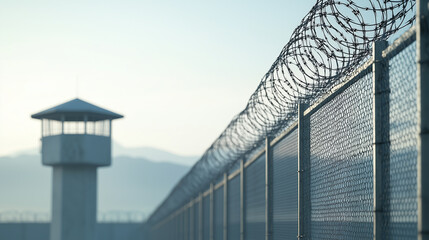 Fototapeta premium Guard Tower in Prison with Barbed Wire Fence: Watchtower Wall Building and Escape Barrier, Featuring Penitentiary Security and Cage for Preventing Freedom. photo