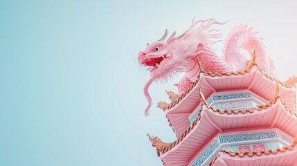 Majestic pink dragon on traditional temple against blue sky.