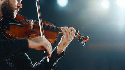 Fototapeta premium Handsome Young Man Playing Violin: Classic Musical Instrument with Strings, Violinist Performing at a Concert for Symphony Melody Sound. photo
