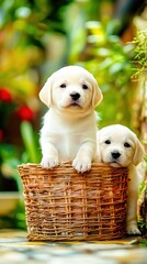 Three labrador puppies sitting in wicker basket outdoors