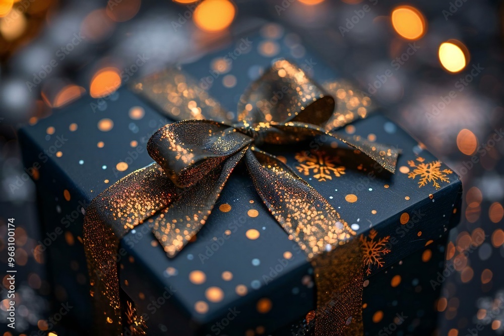 Wall mural close up photo of an elegant dark blue gift box with a gold ribbon against a festive background, per