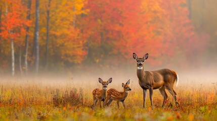 Obraz premium Doe and Fauns in Autumnal Forest Clearing