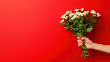 Woman's Hand Holding a Bouquet of White Roses on a Red Background