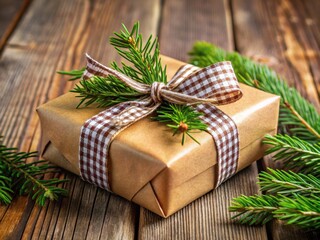 A beautifully wrapped gift box adorned with green foliage and a checkered ribbon, perfect for holiday celebrations.