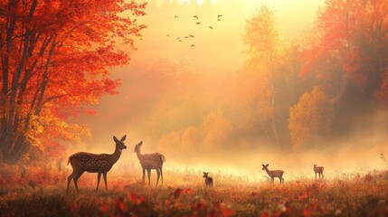 Naklejka premium Deer Family in a Golden Autumn Forest at Sunrise