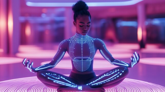 woman in digital suit meditating in neon-lit futuristic environment
