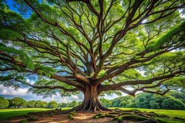 A majestic tree with sprawling branches and vibrant green leaves, perfect for nature-themed projects and backgrounds.