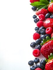 Obraz premium Assorted Fresh Berries on White Background A selection of vibrant berries such as strawberries, blueberries, and raspberries on a white surface