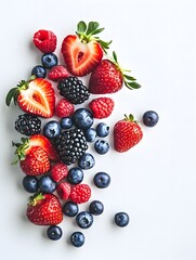 Assorted Fresh Berries on White Background
A selection of vibrant berries such as strawberries, blueberries, and raspberries on a white surface