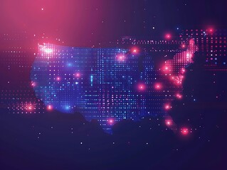 Digital Illustration of the United States Map with Red, White, and Blue Glowing Dots on Abstract Background
