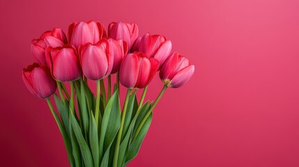 Obraz premium Bouquet of Red Tulips on a Pink Background