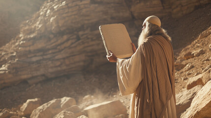 Moses Receiving the Ten Commandments: Biblical Prophet Holding Stone Tablets, Surrounded by Traditional Middle Eastern Elements, Symbol of Ancient Hebrew Law. photo