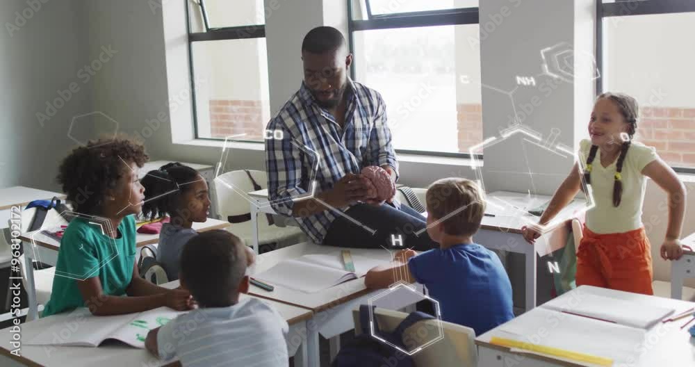 Canvas Prints Animation of chemical formula over diverse schoolchildren learning with male teacher in classroom