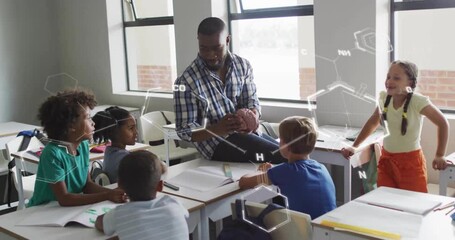 Animation of chemical formula over diverse schoolchildren learning with male teacher in classroom - Powered by Adobe