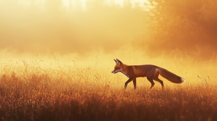 Red Fox Walking Through a Golden Meadow at Sunrise