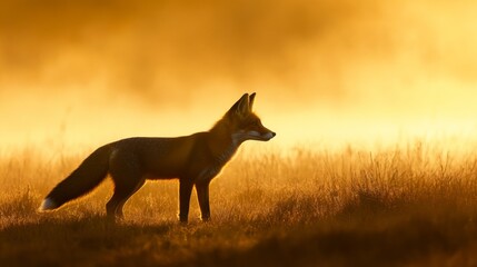 Red Fox Standing in Golden Sunlight with Foggy Background