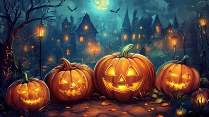 Fototapeta premium Halloween event backdrop featuring elegant and sophisticated pumpkins. Excellent artwork for Halloween festivities, posters, banners, and greeting cards.