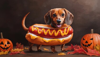 Dachshund in a hot dog costume walking through a Halloween carnival, hot dog dachshund, funny Halloween pet costume, watercolor style