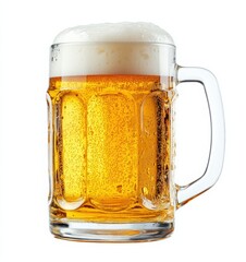 A mug of beer with a white background. A large glass of beer with foam on top