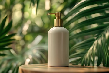 White cosmetic bottle standing on wooden table outdoors with tropical plants background