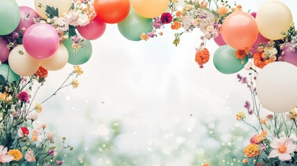 A vibrant garden party scene with colorful balloons and floral arches creating a festive atmosphere.