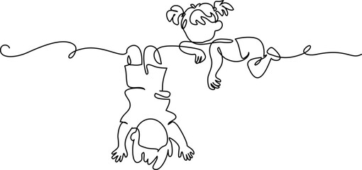 Little boy and girl playing branch. Continuous One line drawing