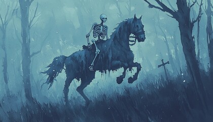 Obraz premium Horse dressed as a skeleton trotting through a spooky forest, Halloween horse, eerie equine costume, watercolor style