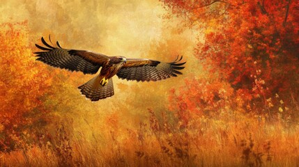 Fototapeta premium Hawk in Flight Over Autumnal Forest