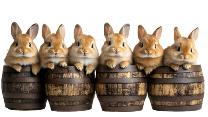 a group of bunnies in barrels. 