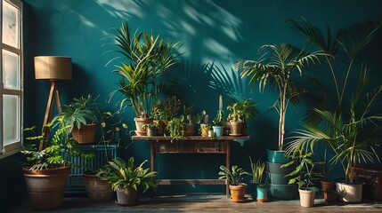 Fototapeta premium Stylish composition of home garden interior filled a lot of beautiful plants, cacti, succulents, air plant in different design pots. Green wall paneling. Template. Home gardening concept Home jungle.