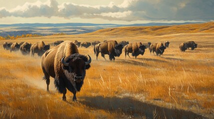 A Herd of American Bison in a Golden Meadow
