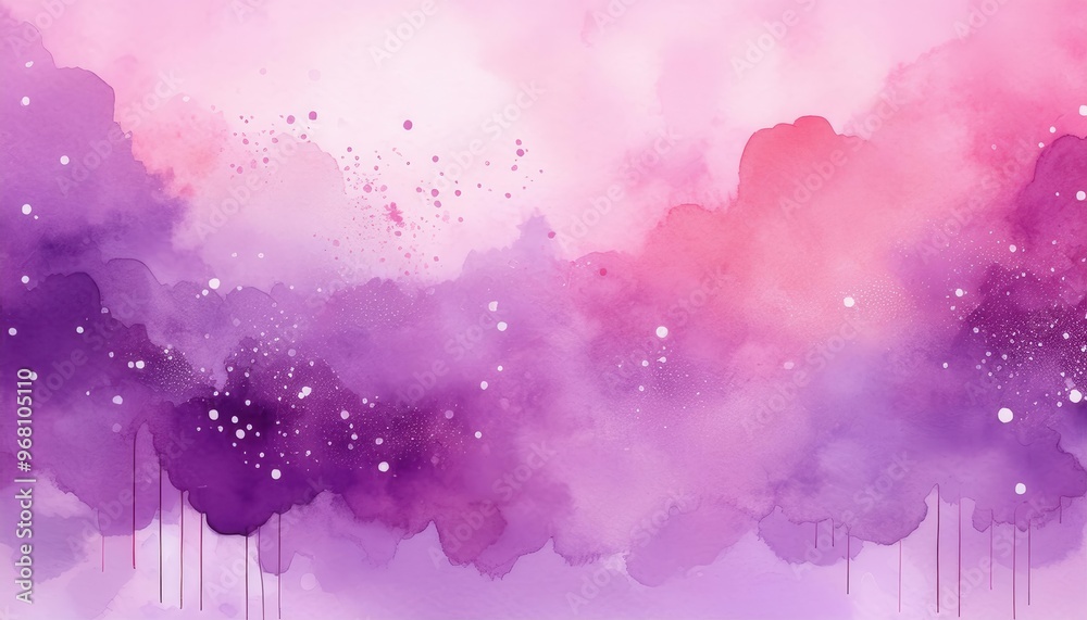 Poster dreamy watercolor clouds in soft pink, lavender, and purple hues with splashes of light. abstract fl
