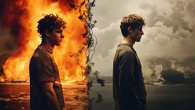 A dramatic Clash of two worlds showcasing a young man's journey amid chaos and tranquility during twilight hours 