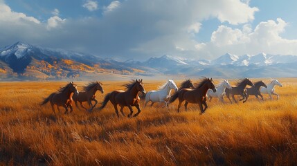 A Herd of Horses Galloping Through a Golden Field with Snow-Capped Mountains in the Distance
